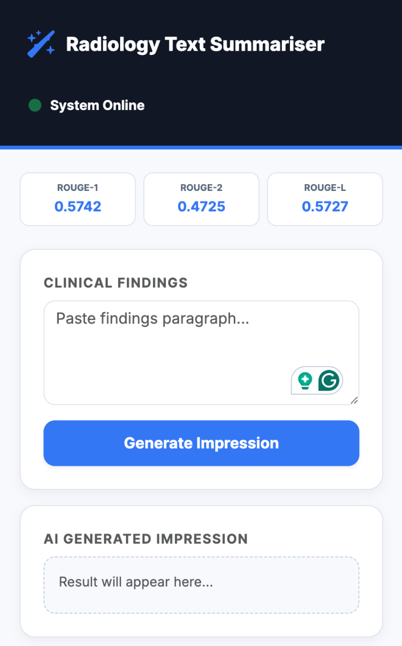 Medical text summarisation project screenshot
